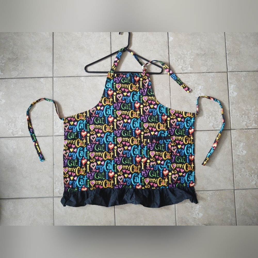 I LOVE MY CAT ❤️ Fun Handmade Apron Ruffles Pocket Kitten Mom Clothes Kitchen